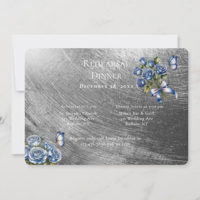 Invitación Elegant Blue Roses Silver Rehearsal Dinner (Anverso)