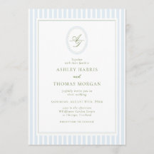 Elegant Blue & Sage Monogram Wedding Invitation