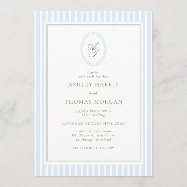 Invitación Elegant Blue & Sage Monogram Wedding Invitation (Anverso)