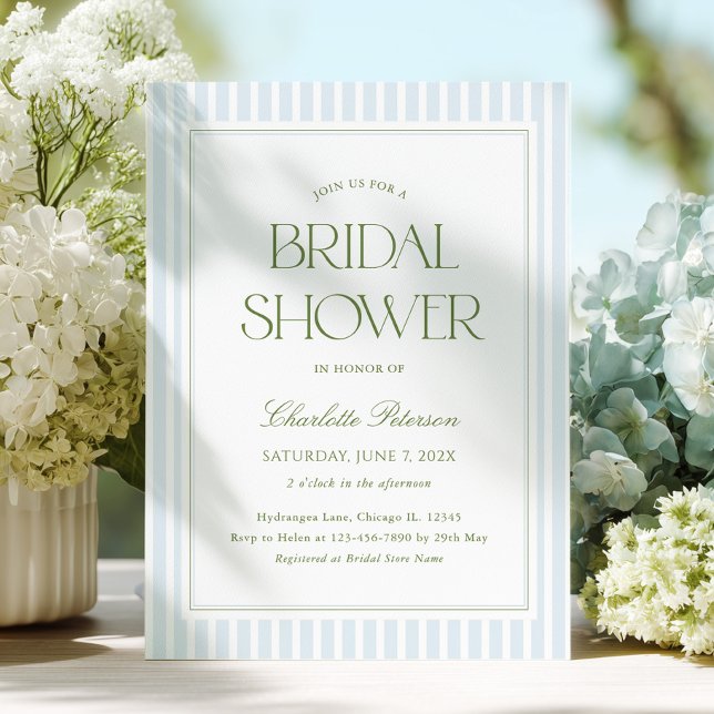 Invitación Elegant Blue & Sage Striped Bridal Shower (Subido por el creador)