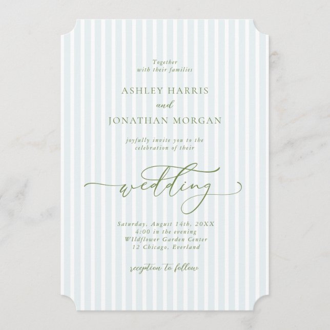 Invitación Elegant Blue & Sage Striped Wedding (Anverso)