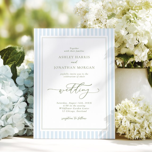 Invitación Elegant Blue & Sage Striped Wedding Invitation (Subido por el creador)