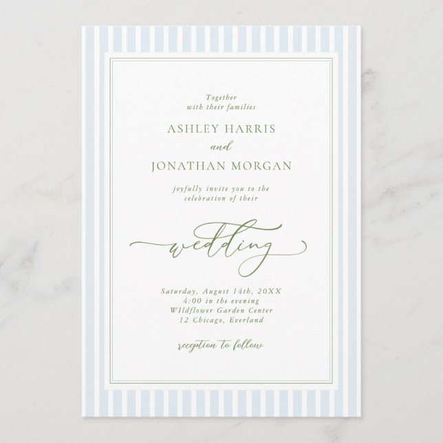 Invitación Elegant Blue & Sage Striped Wedding Invitation (Anverso)