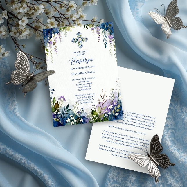 Invitación Elegant Blue Shades Floral Frame Arch Baptisme (Elegant Digital Watercolor Blue Shades Floral Frame Arch Shape Baptism Invitation Cards. )