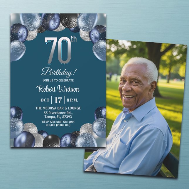 Invitación Elegant Blue Silver Glitter 70th Birthday Photo (Subido por el creador)