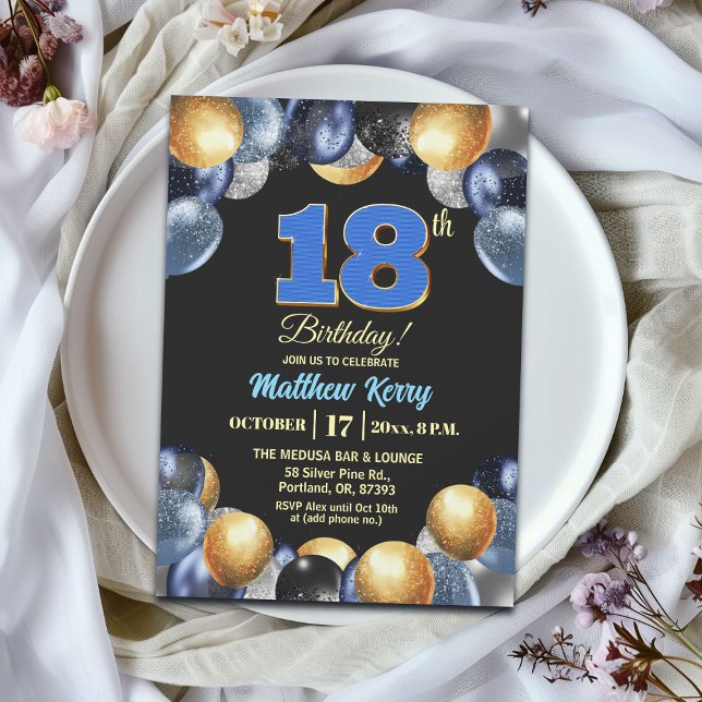 Invitación Elegant Blue Silver Gold 18th Birthday Party (Subido por el creador)