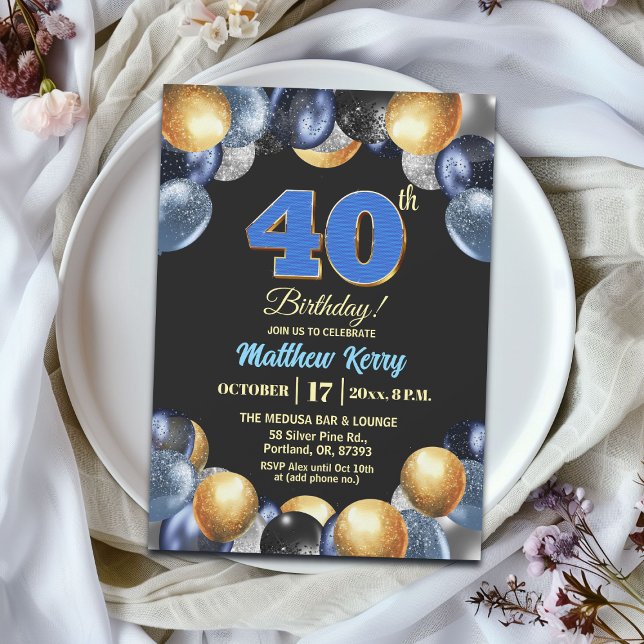Invitación Elegant Blue Silver Gold 40th Birthday Party (Subido por el creador)