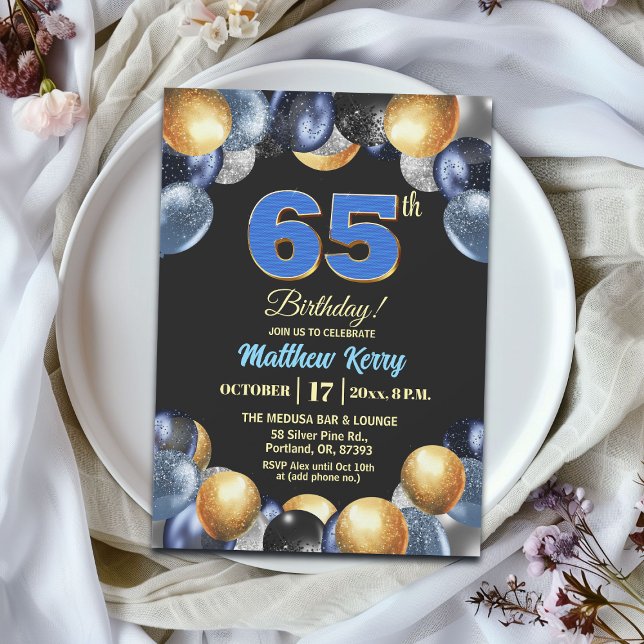 Invitación Elegant Blue Silver Gold 65th Birthday Party (Subido por el creador)
