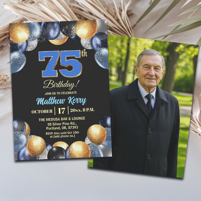 Invitación Elegant Blue Silver Gold 75th Birthday Photo (Subido por el creador)