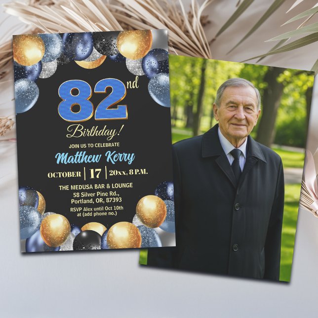 Invitación Elegant Blue Silver Gold 82nd Birthday Photo  (Subido por el creador)