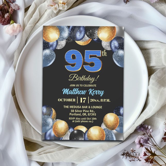 Invitación Elegant Blue Silver Gold 95th Birthday Party (Subido por el creador)