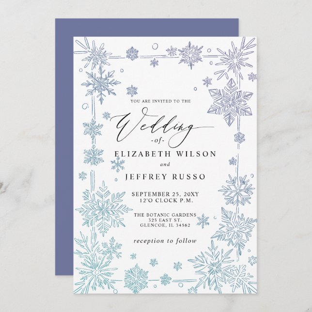 Invitación Elegant Blue snowflakes Winter Wedding (Anverso / Reverso)