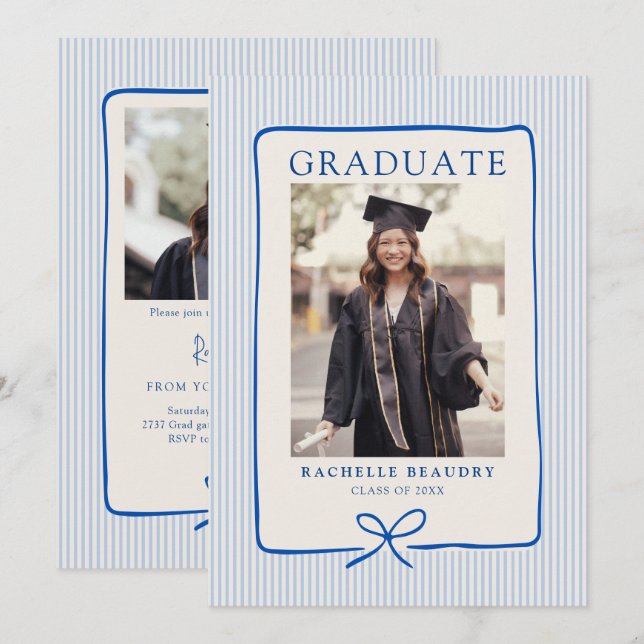 Invitación Elegant Blue Stripes Bow Frame Graduation Party (Anverso / Reverso)