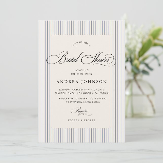 Invitación Elegant Blue Stripes Country Club Bridal Shower (Anverso de pie)