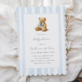 Invitación Elegant Blue Stripes Teddy Bear Baby Shower 