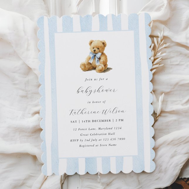 Invitación Elegant Blue Stripes Teddy Bear Baby Shower  (Subido por el creador)