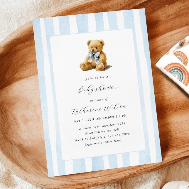 Invitación Elegant Blue Stripes Teddy Bear Baby Shower  (Subido por el creador)