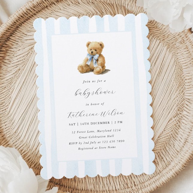 Invitación Elegant Blue Stripes Teddy Bear Baby Shower  (Subido por el creador)