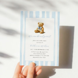 Invitación Elegant Blue Stripes Teddy Bear Baby Shower 