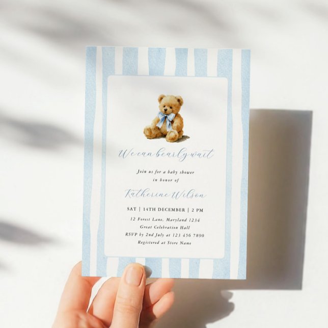 Invitación Elegant Blue Stripes Teddy Bear Baby Shower  (Subido por el creador)