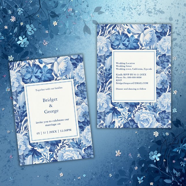 Invitación Elegant Blue Toile Floral Chinoiserie Wedding (Subido por el creador)