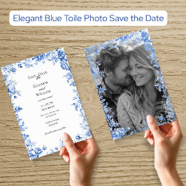 Invitación Elegant Blue Toile Photo Save the Date