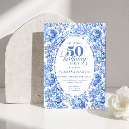 Invitación Elegant Blue Toile Rose 50th Birthday Invitation