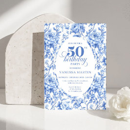 Invitación Elegant Blue Toile Rose Floral 50th Birthday Invit