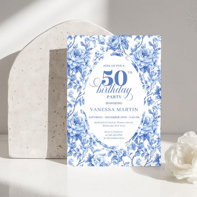 Invitación Elegant Blue Toile Rose Floral 50th Birthday Invit (Elegant Blue Toile Rose Floral 50th Birthday Invitation)