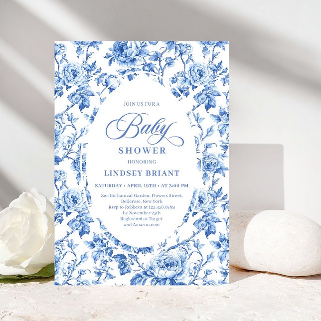 Invitación Elegant Blue Toile Rose Floral Baby Shower Invite (Elegant Blue Toile Rose Floral Baby Shower Invitation)