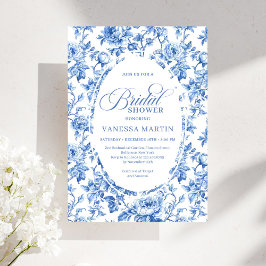Invitación Elegant Blue Toile Rose Floral Bridal Shower Invit