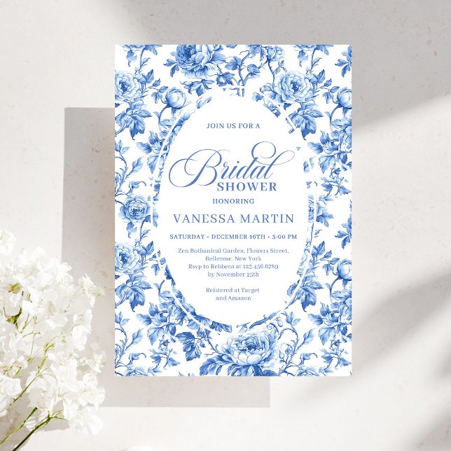 Invitación Elegant Blue Toile Rose Floral Bridal Shower Invit (Elegant Blue Toile Rose Floral Bridal Shower Invitation)