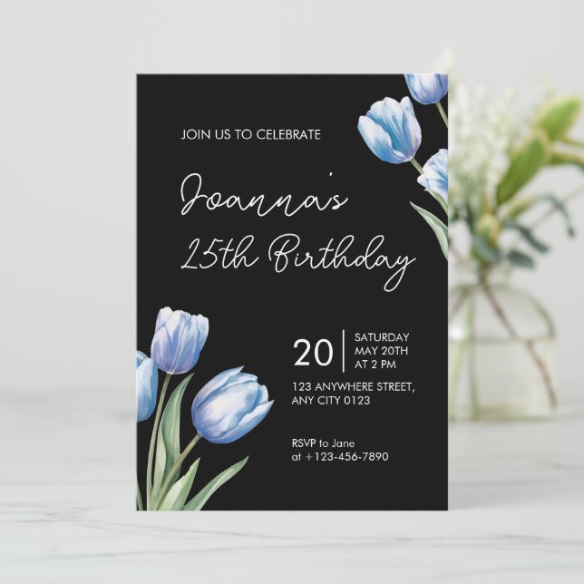 Invitación Elegant Blue Tulip Birthday Party Invitation (Anverso de pie)