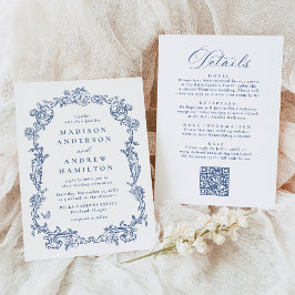 Invitación Elegant Blue Victorian Floral All in One Wedding