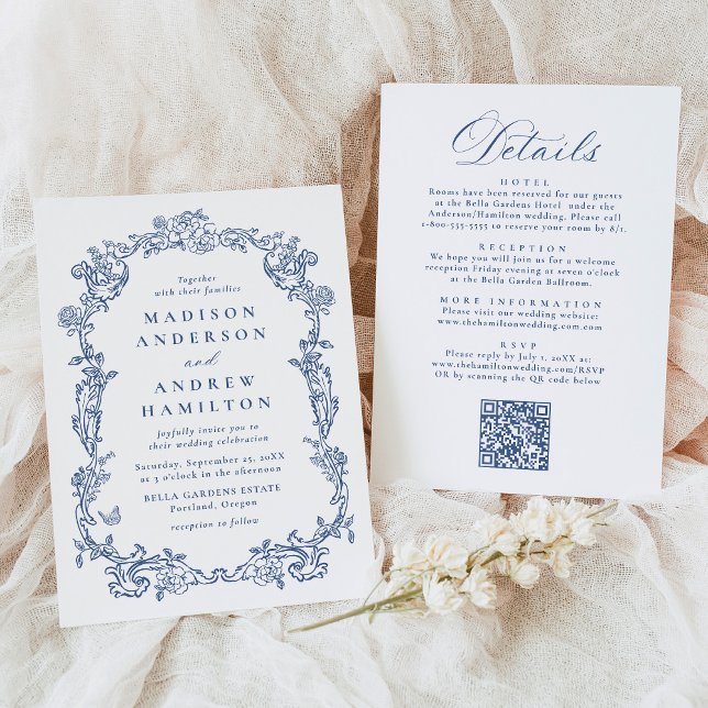 Invitación Elegant Blue Victorian Floral All in One Wedding (Subido por el creador)
