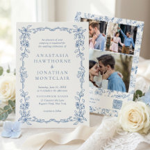 Elegant Blue Victorian Photo QR Code RSVP Wedding