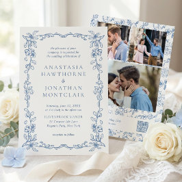 Invitación Elegant Blue Victorian Photo QR Code RSVP Wedding
