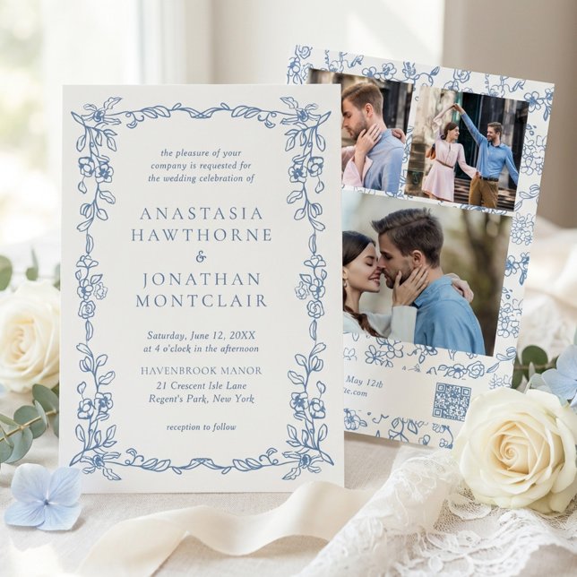 Invitación Elegant Blue Victorian Photo QR Code RSVP Wedding (Subido por el creador)