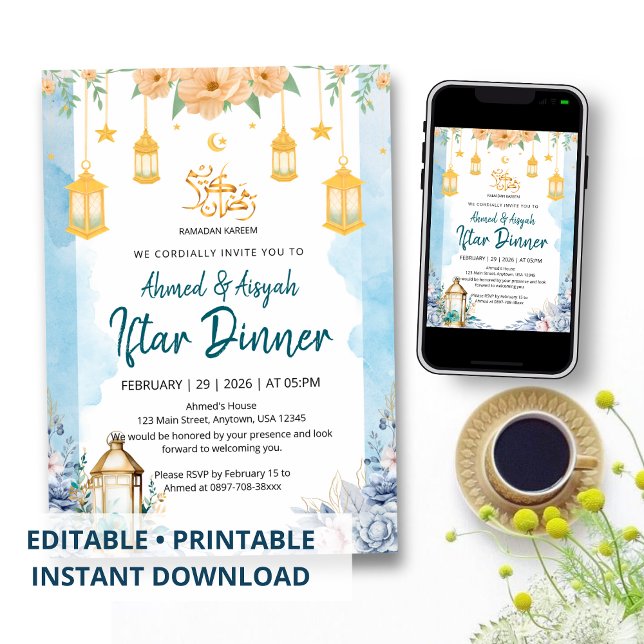 Invitación Elegant Blue Watercolor Floral Ramadan Iftar (Subido por el creador)