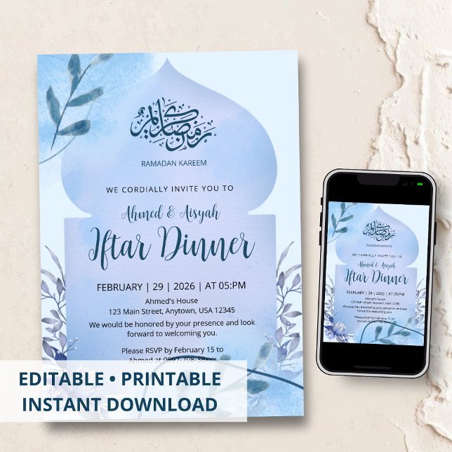 Invitación Elegant Blue Watercolor Islamic Iftar Dinner (Subido por el creador)