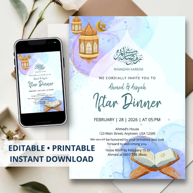 Invitación Elegant Blue Watercolor Ramadan Iftar Dinner (Subido por el creador)