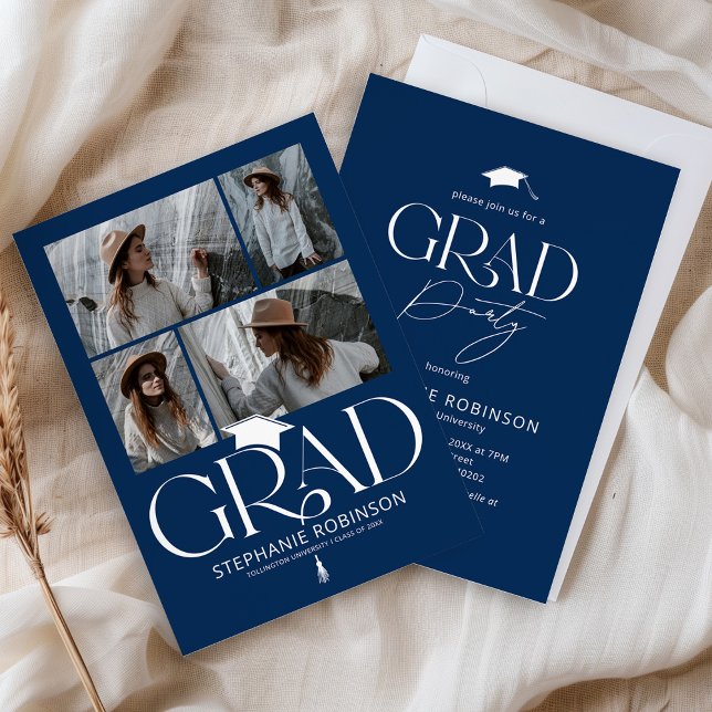 Invitación Elegant Blue & White 4 Photo Graduation Party (Subido por el creador)