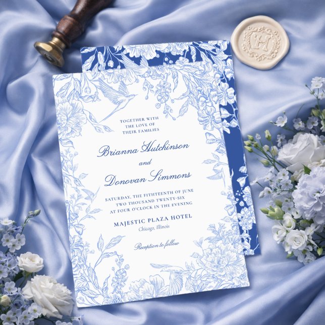 Invitación Elegant Blue & White Botanical Bird Wedding  (Subido por el creador)