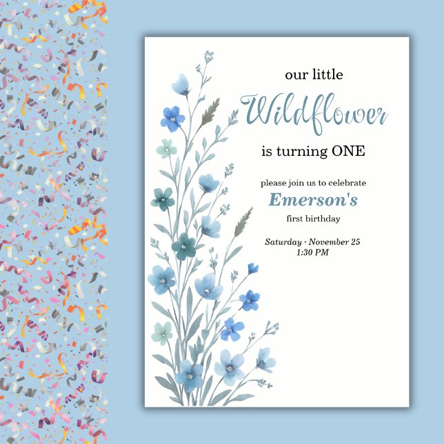 Invitación Elegant Blue Wildflower 1st Birthday Party (Subido por el creador)