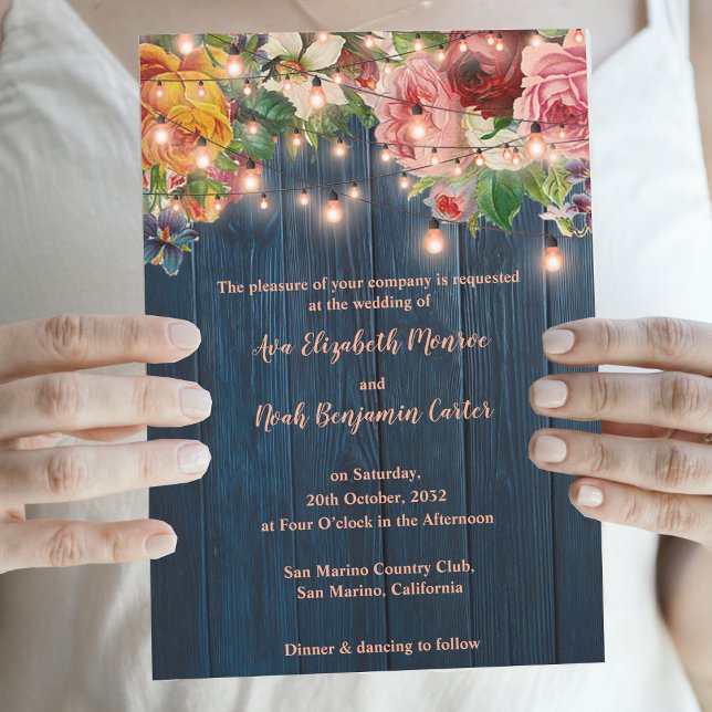 Invitación Elegant Blue Wood Floral String Lights Wedding (Elegant Blue Wood Floral String Lights Wedding Invitation)