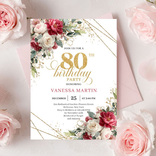 Invitación Elegant Blush Burgundy Floral 80th Birthday Invite (Elegant Blush Burgundy Floral 80th Birthday Invite)