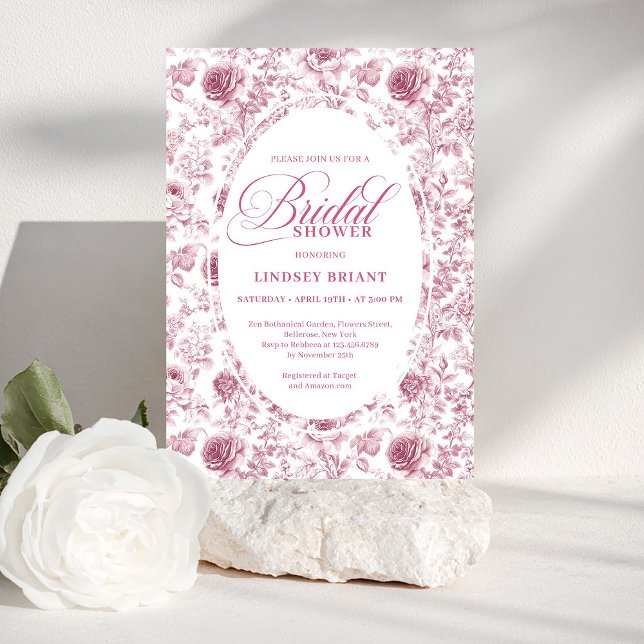 Invitación Elegant Blush Dusty Rose Toile Bridal Shower Invit (Elegant Blush Dusty Rose Toile Bridal Shower Invite)