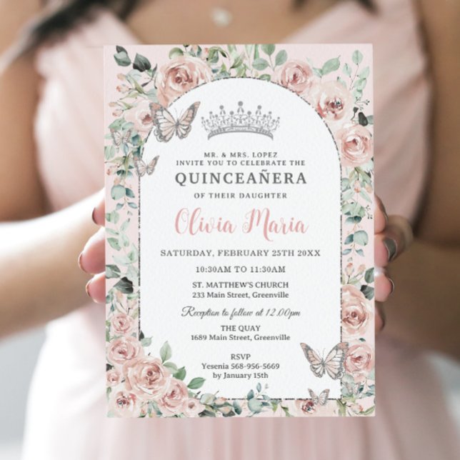 Invitación Elegant Blush Floral Butterflies Arch Quinceañera (Subido por el creador)