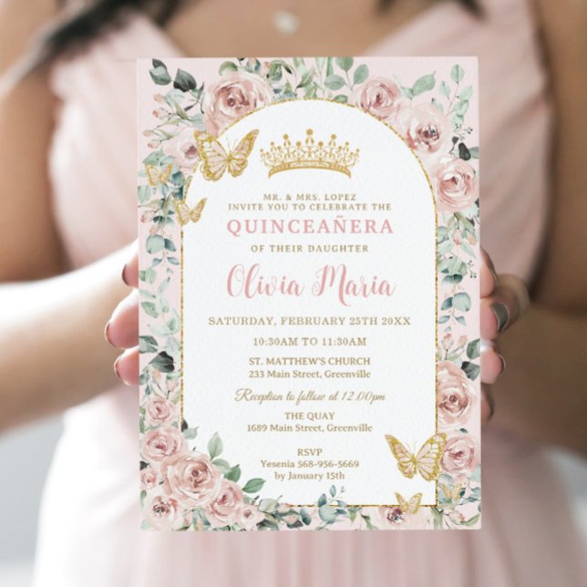Invitación Elegant Blush Floral Butterflies Gold Quinceañera (Subido por el creador)