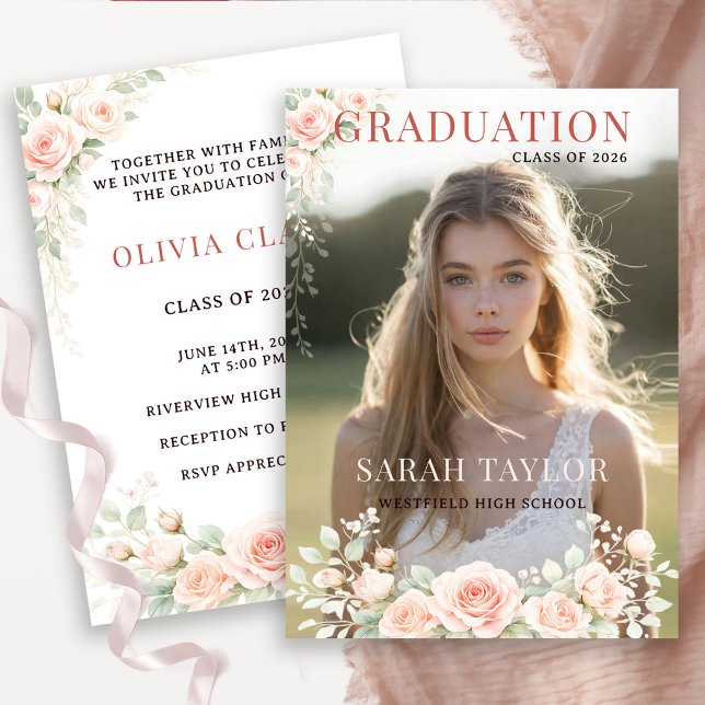 Invitación Elegant Blush Floral Graduation Photo (Subido por el creador)